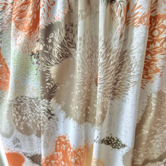 Vintage 80s robe, kaki green, tan, orange abstract floral print, cinched waist - Picture 6 of 10